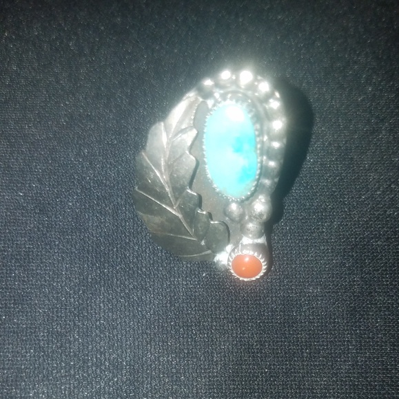 Vintage Native American Turquoise and Coral Leaf R - Picture 1 of 4